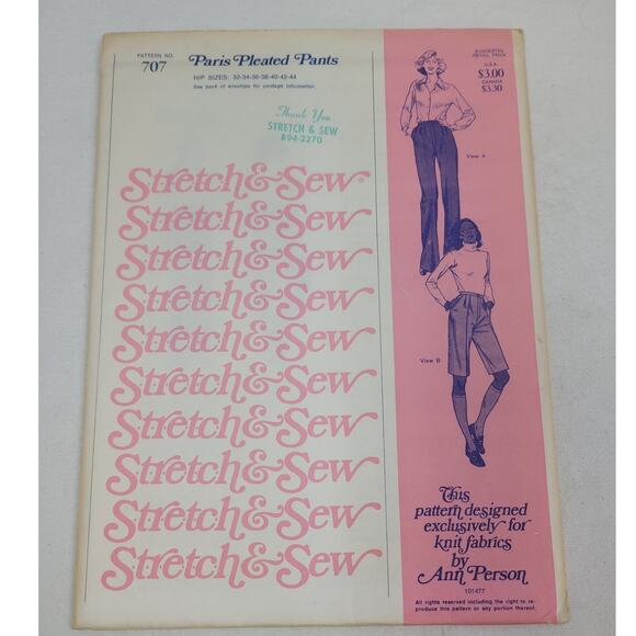 Vintage 1977 Stretch & Sew 707 Paris Pleated Pants Knit Fabric Uncut Pattern - Picture 1 of 4